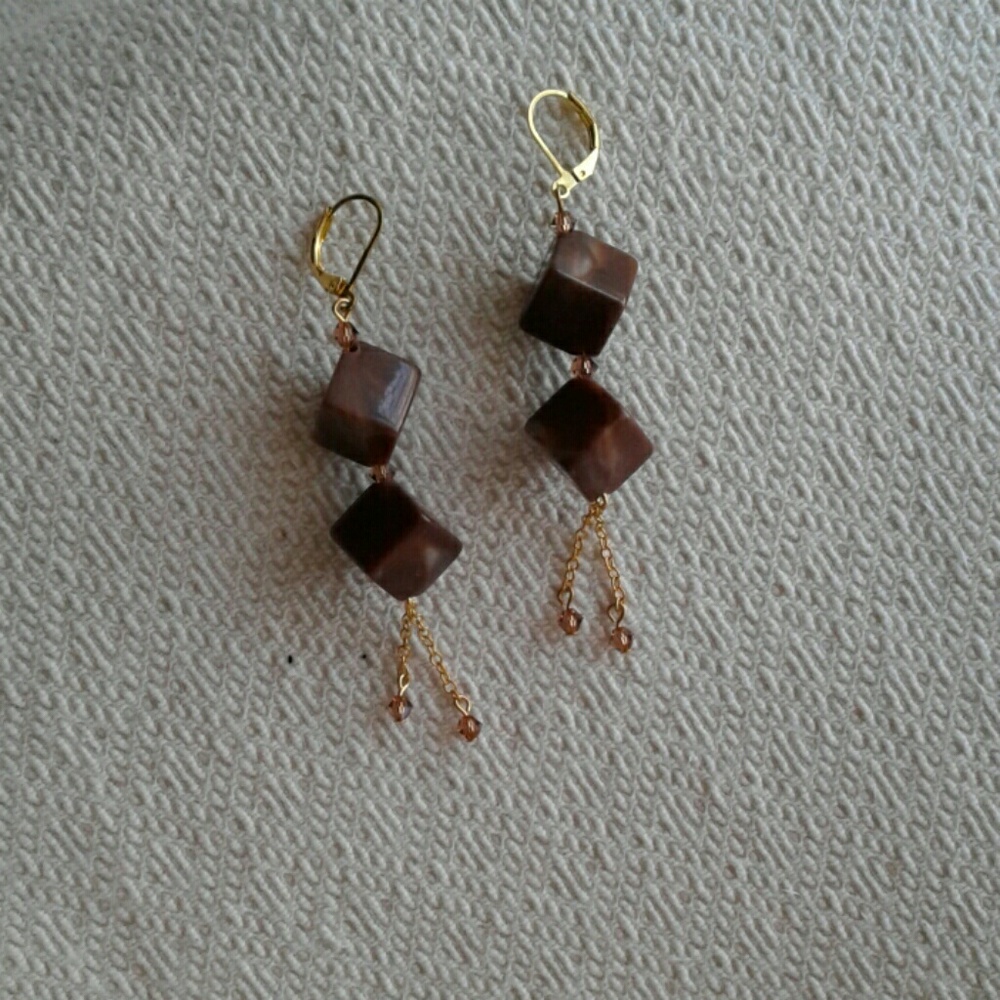 Cube Brown Gold Chain Crystal Earrings